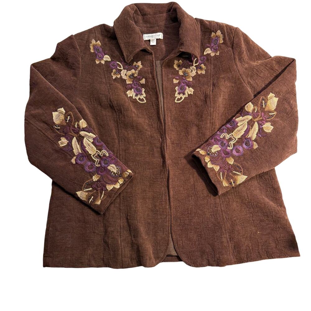 Coldwater Creek Embroidered Floral Jacket Brown Beaded Linen Blend Women’s 20W